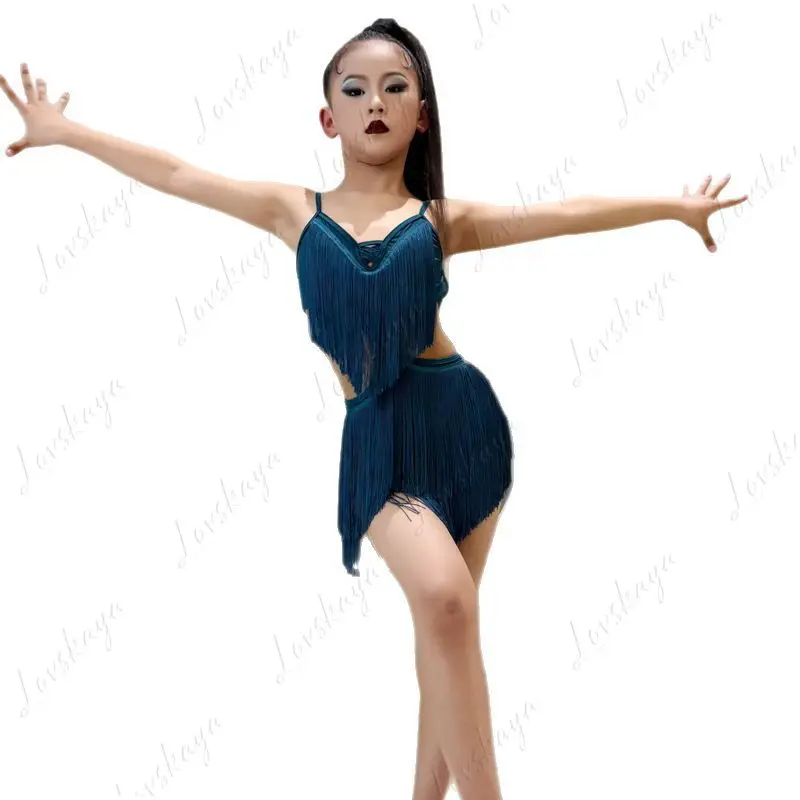 ชุดฝึกซ้อมเต้นละตินสำหรับเด็กผู้หญิงแบบใหม่พร้อมสายรัดและพู่ - ชุดเต้นละตินสำหรับเด็กที่ให้ความรู้สึกหรูหรา