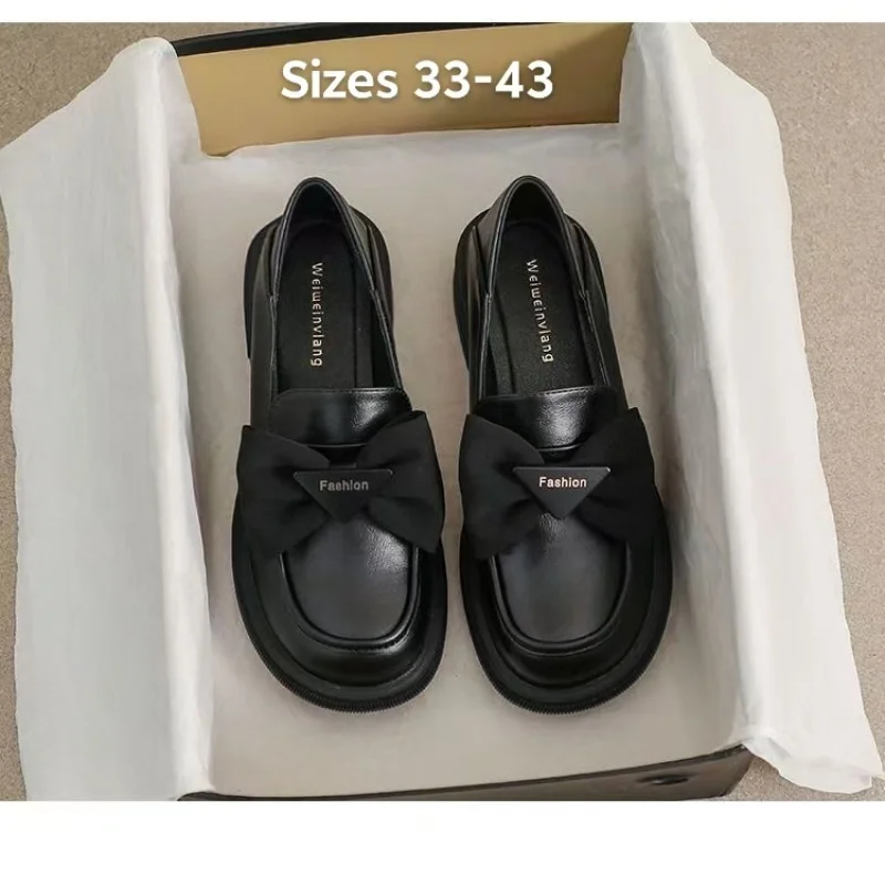 Women's Bow-Detail Leather Loafers 33-46 Versatile Autumn-Ready Chunky Sole Flats British-Style plus Size Comfortable Slip-On Sh
