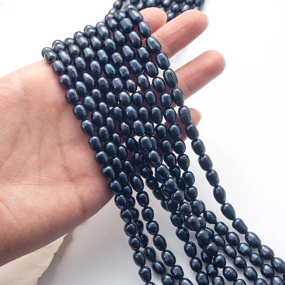 6-7 مللي متر شكل الأرز الأسود لؤلؤ المياه العذبة الطبيعية فضفاض الخرز سحر جودة عالية صنع المجوهرات عقد دي اي واي سوار أقراط