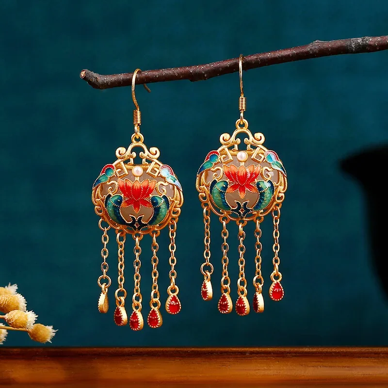 

White Real Jade Lotus Earrings Gift Accessories Energy Gemstone Women 18K Gold Plated Fashion Designer Natural Jewelry Vintage