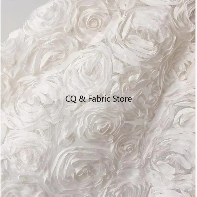 3D Rose Flower Embroidered Mesh Fabric Fashion Creative Designer Fabric for Sewing