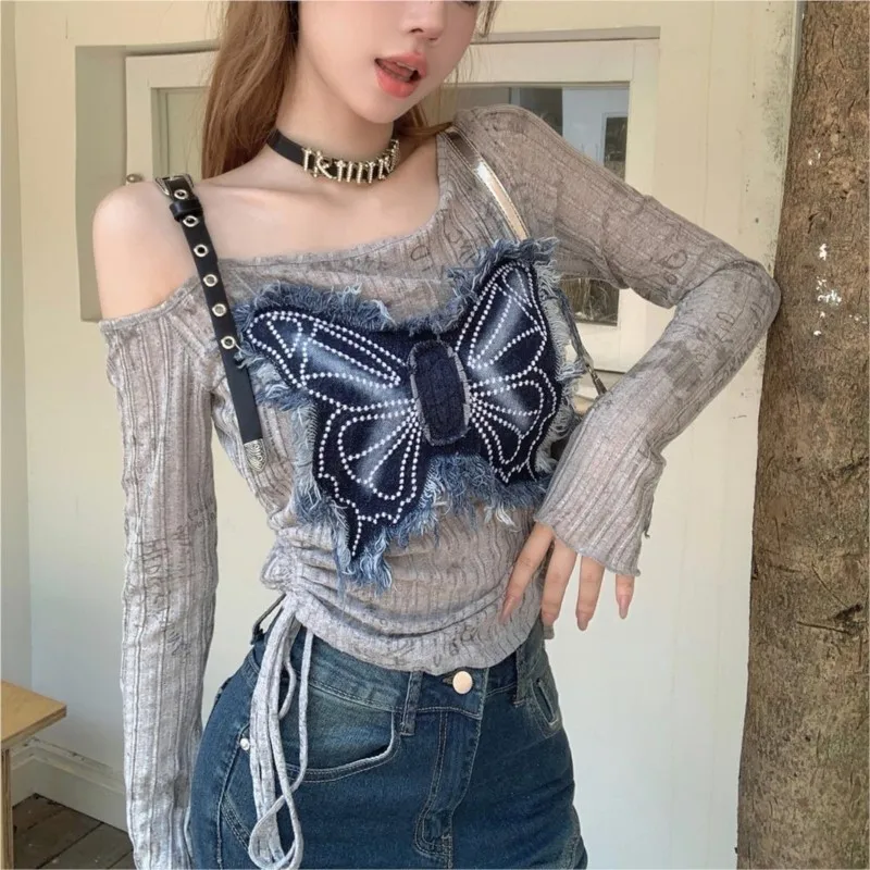 New Polyester Long Sleeve Butterfly Irregular Diagonal Shoulder Thin Drawstring Waist Slim Fit Spicy Girl Sweater Women's Top