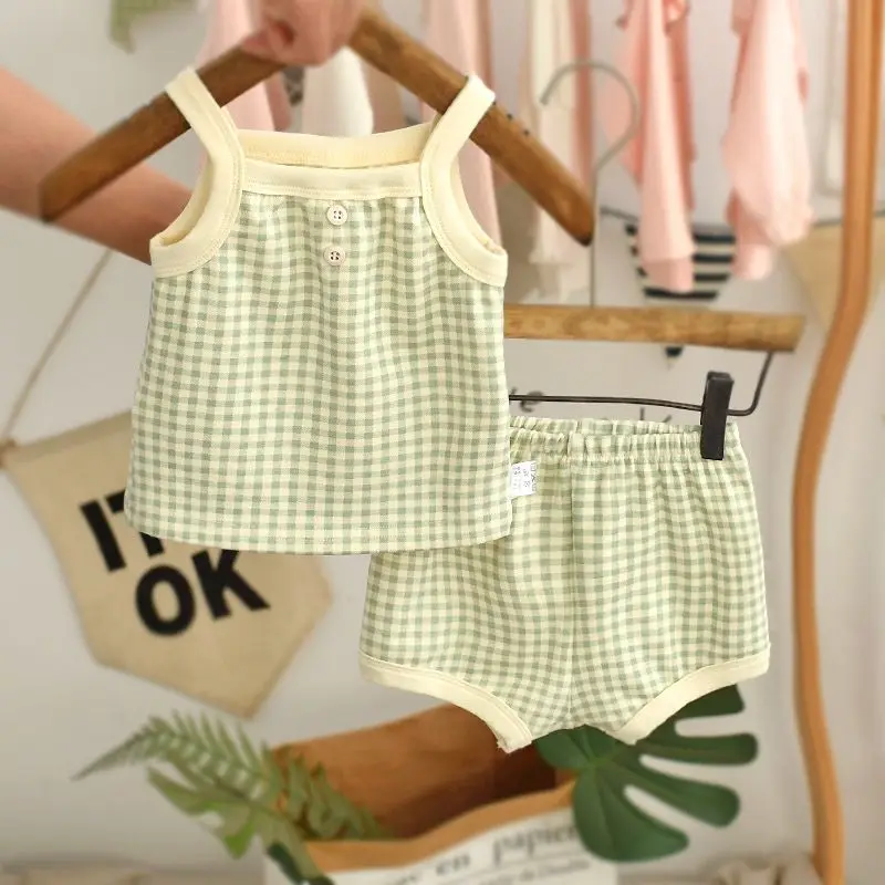 Baby Girls Cotton Pinafore & Bloomers Set Summer Lightweight Checkered Outfit Breathable Newborn to 12M Two-Piece