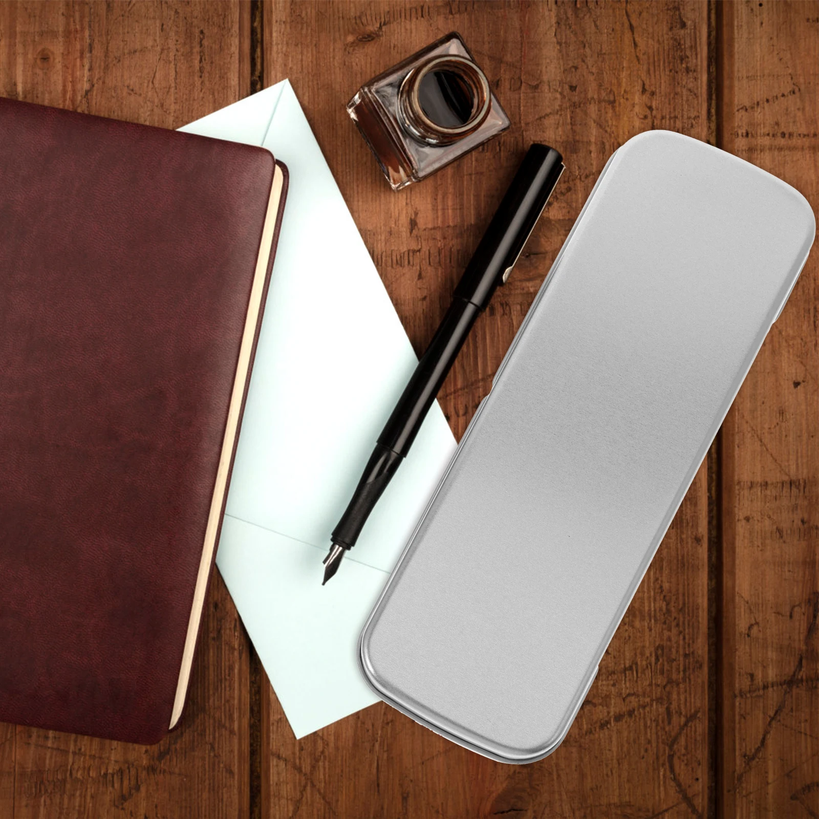 

2pcs Silver Gray Tinplate Stationery Box Matte Finish Window Design Metal Pencil Case School Supplies Makeup Brush Organizer