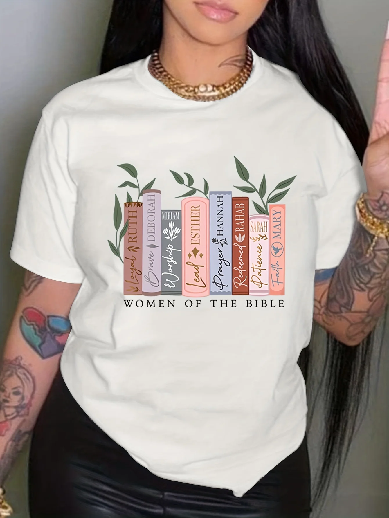 Women of The Bible Print T-Shirt, Drop Shoulder Short Sleeve Crew Neck Casual Top for Spring & Summer, Women\'s Clothing