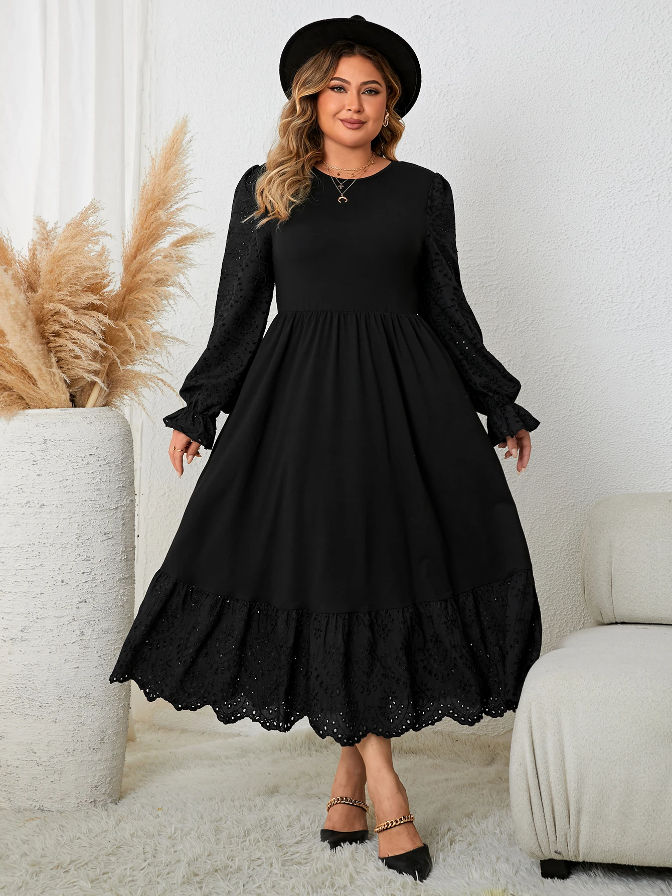 Black Elegant Women's Dresses Casual Hollow Puff Long Sleeve Plus Size Maxi Dress Lady Party Evening Clothing Large Size Dress