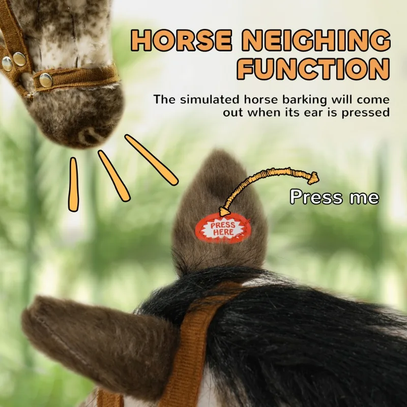 Ride on Horse, Riding Horse with Neighing Sound, Saddle, Stirrups, Ride on Animal for Kids Boys Girls 3-8 Years Old, Brown