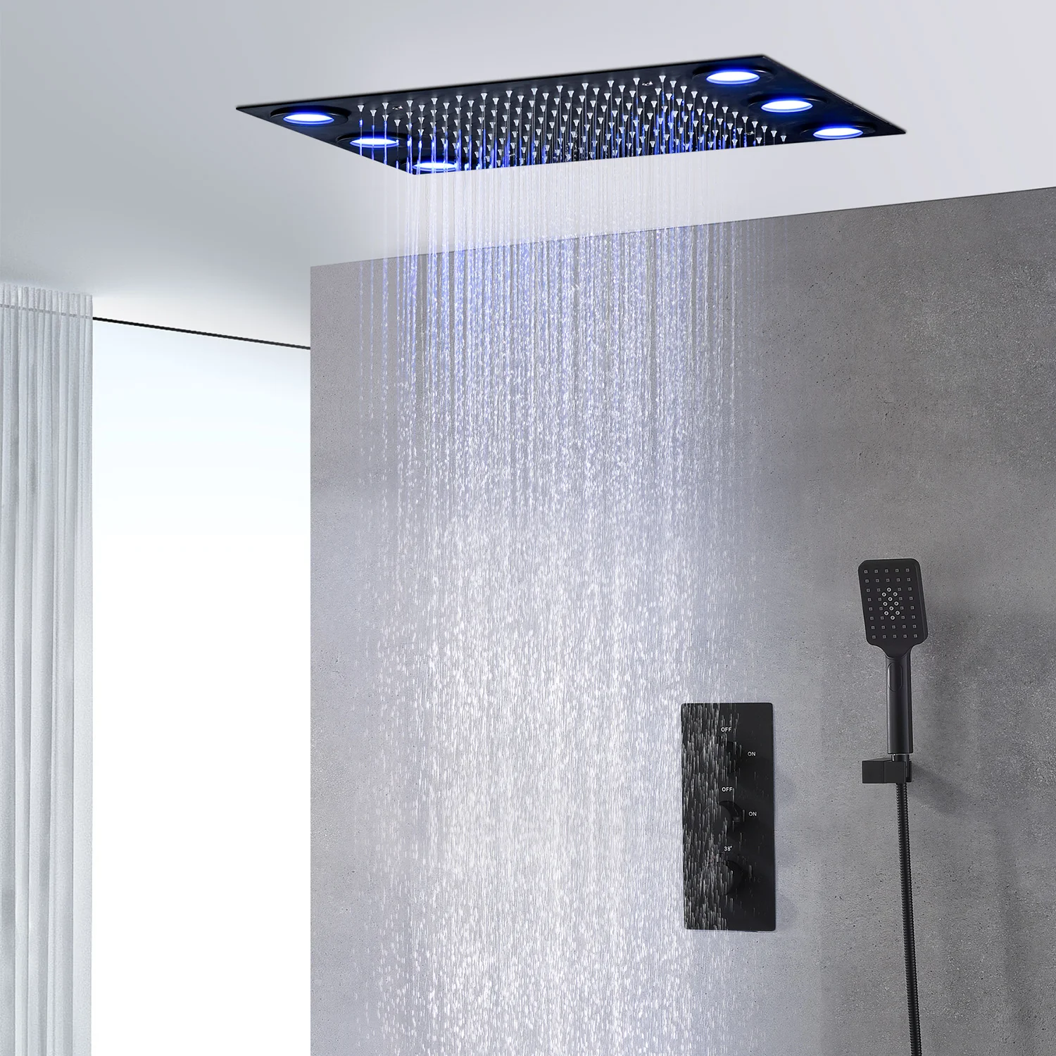 2024 Classic Matt Black Surface 20x14Inches LED Shower Head Faucet Thermostatic Mixer Rainfall Tap Handheld Shower