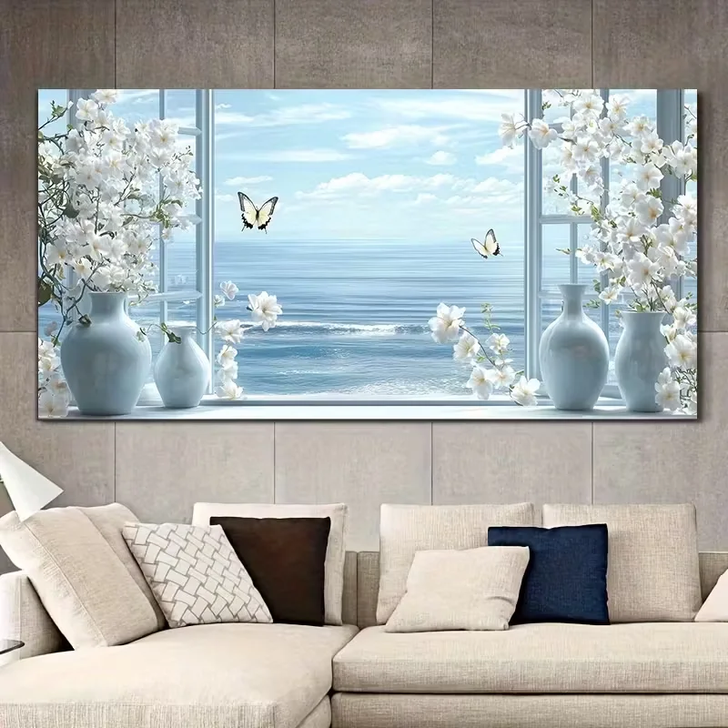 

Seaside White Flowers Large Diy Full Diamond Painting Window Sill Flowers Butterfly Vase Diamond Art Mosaic Jewelry Cross Stitch