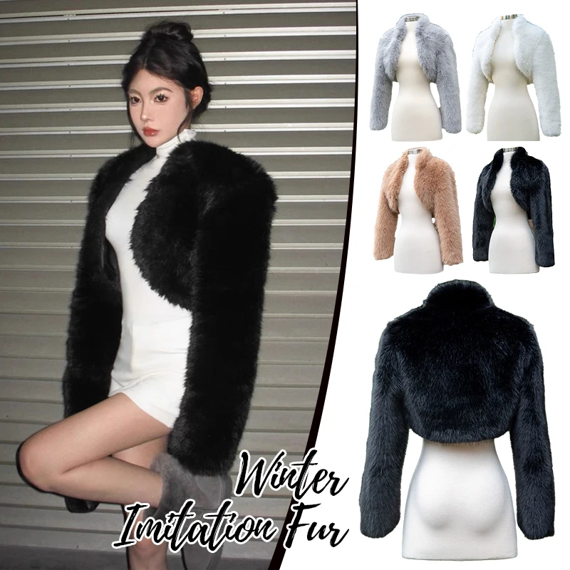 

S-3XL Women's Faux Fur Coat 2025autumn Winter Warm Soft Imitation Fox Hair Woven Short Coat Top Evening Party Fur Shawl Jacket