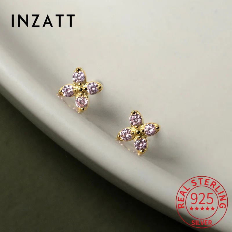 

INZATT Real 925 Sterling Silver Zircon Clover Mini Stud Earrings for Women Cute Fine Jewelry Light Luxury Plant Accessories