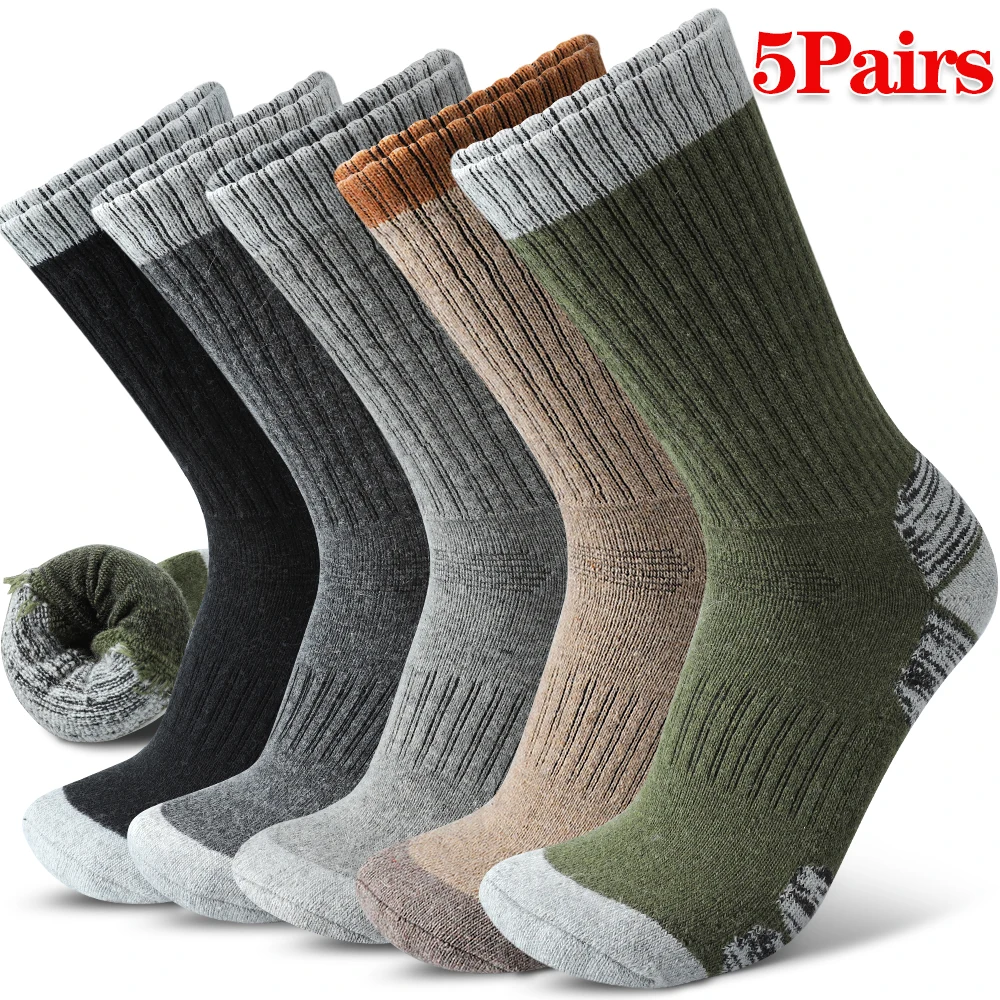 

5Pairs Men Wool Hiking Socks Thickened Thermal Warm Mid-calf socks Non-slip and Wear-resistant Work Socks Winter Boot Sock