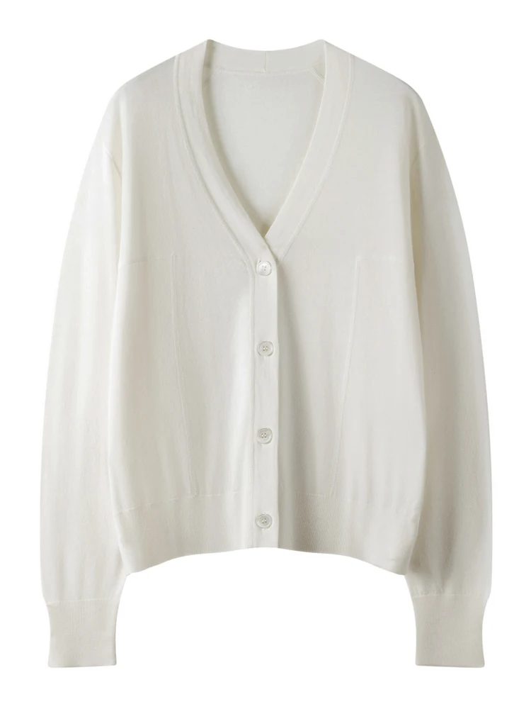 اختيار 2025 جديد شيك المرأة الأساسية الخامس الرقبة سترة سترة لينة نعمة 100% ميرينو الصوف تريكو الإناث ربيع الخريف الملابس القمم