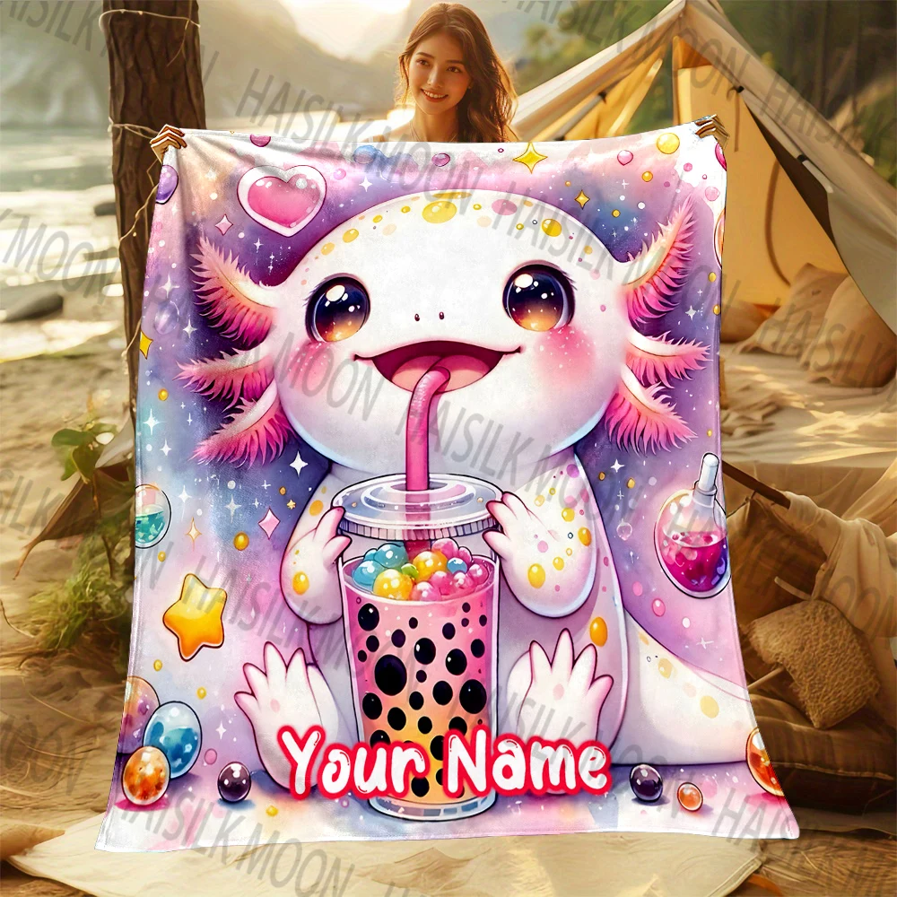 (Memo U Name) Customized Name Personalized Blanket Cartoon Axolotls Print Warm and Comfortable Blanket for Adults and Kids Gifts