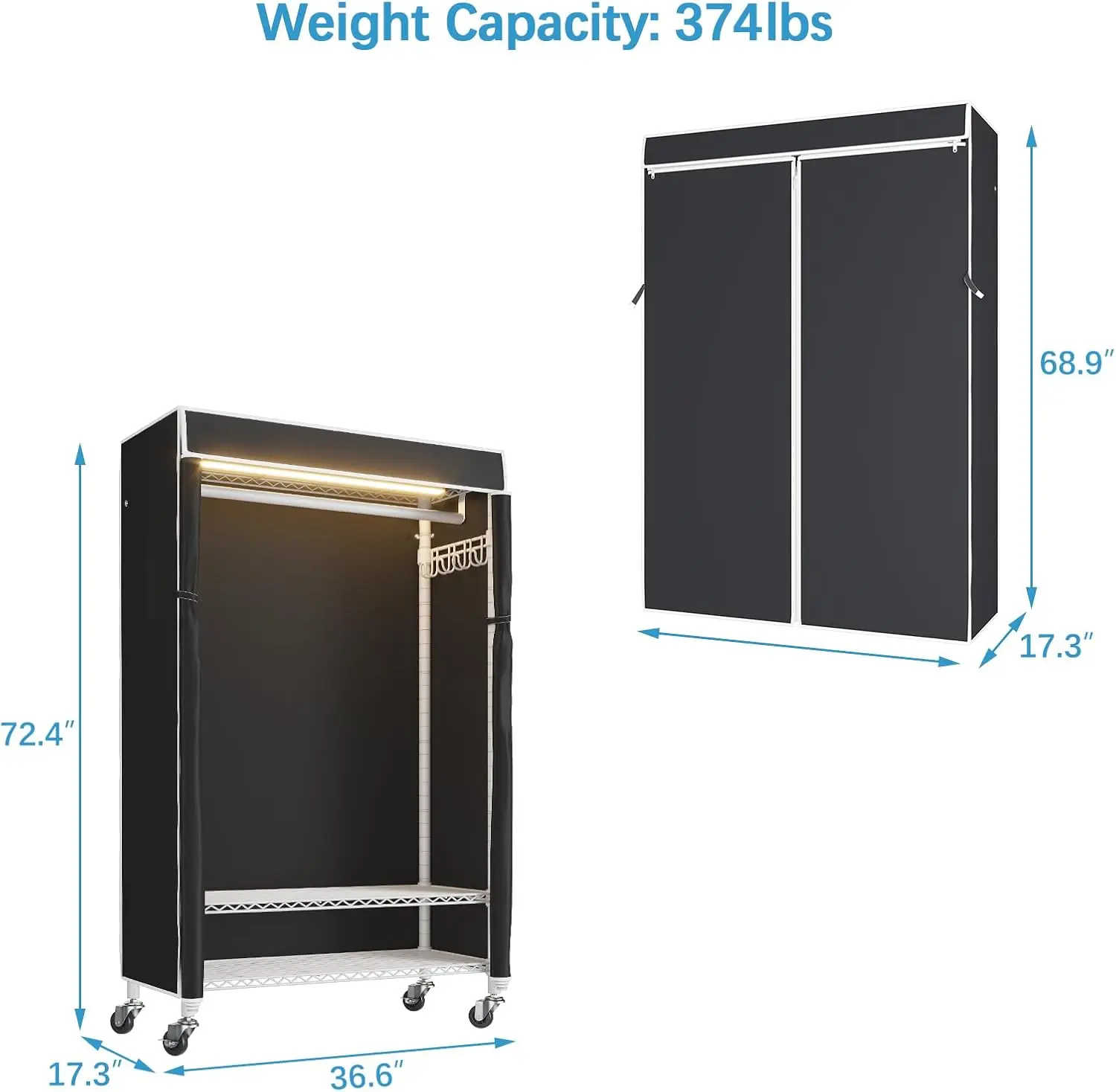 Vipk-R1L Roupas Rack com Tampa, Heavy Duty Garment Rack, Luzes LED Reguláveis, Rolando Armário Portátil para Pendurar
