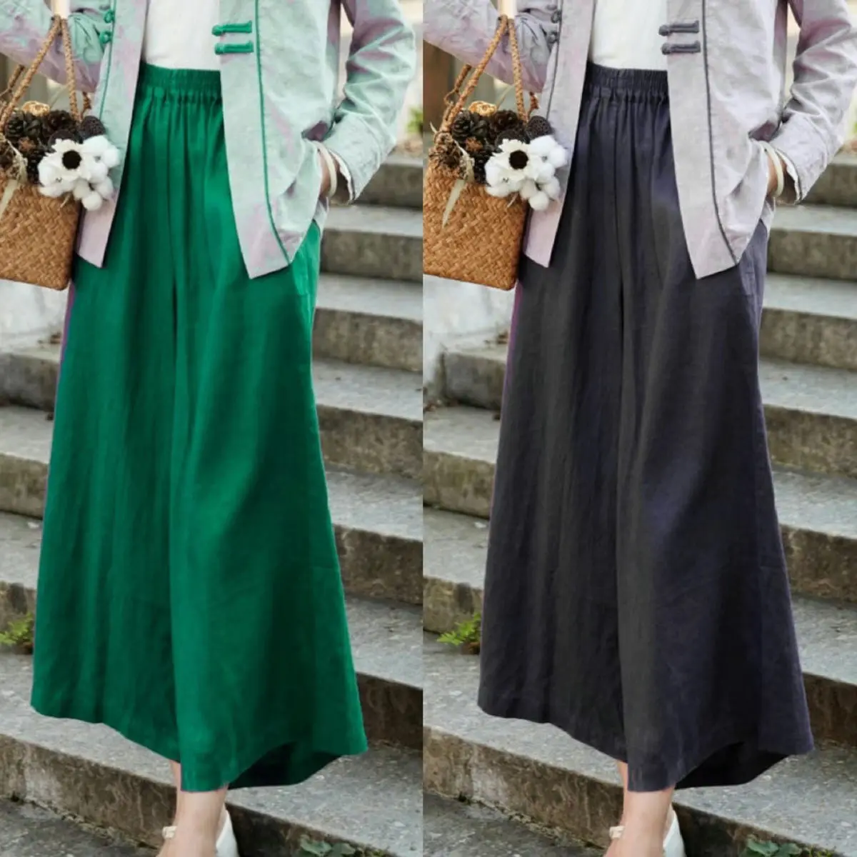 Solid Color Loose Summer High Waist Straight Ladies Fashion Wide Leg Pants Vintage 2024 New Temperament Pocket Women's Clothing