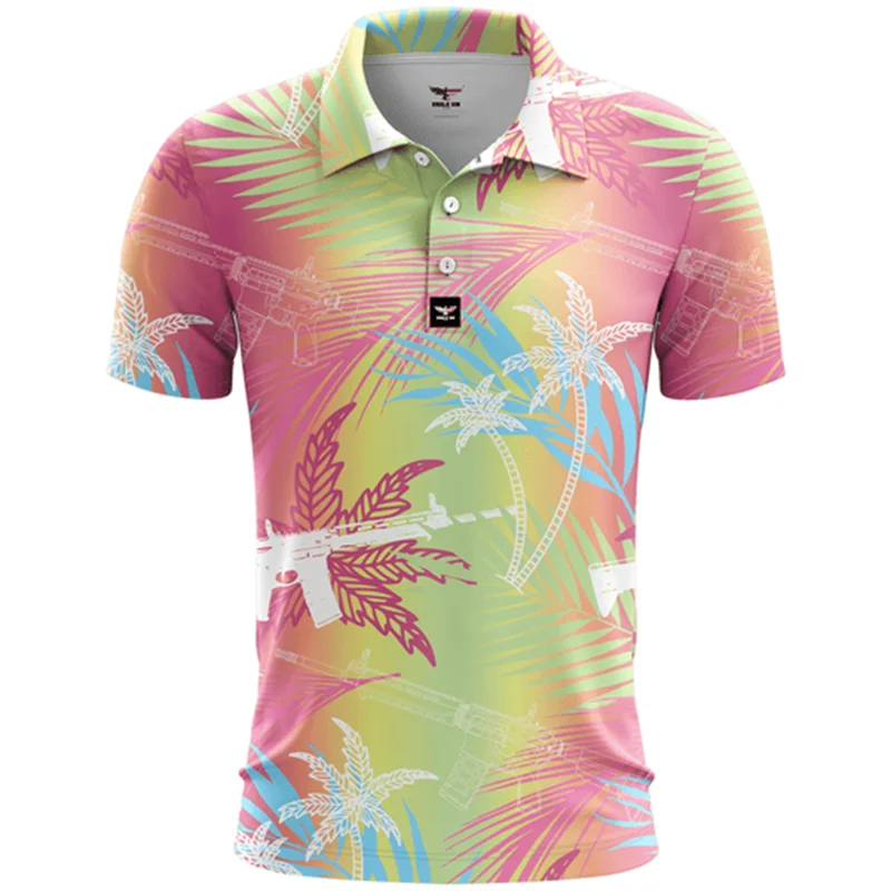 Palm Tree Men\'s Resort 3D Print Polo Shirt Man Hawaiian Vacation Beach Pique Shirt Short Sleeve Summer Funny Gun Lapel Polo Tees