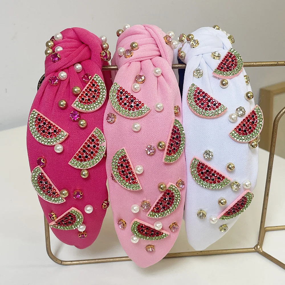 

Summer Vacation Fruit Headwear Diamond-encrusted Watermelon Pearl Knotted Hairband