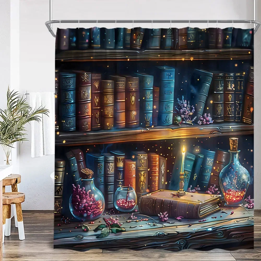 

Wizard Magic Halloween Shower Curtain Magic Bookshelf Apothecary Witch Room Astrology Bathroom Decoration Shower Curtain