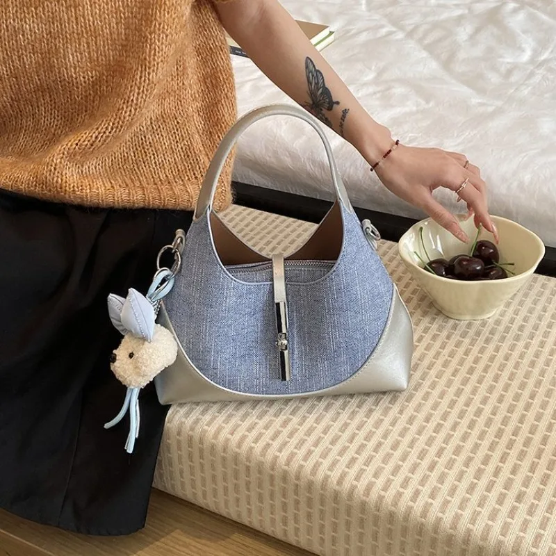 

Women's Multi-color Crescent Shoulder Bag with Metal Lock & Bear Charm, for Daily Office, Streetwear, Weekend Travel & Errands