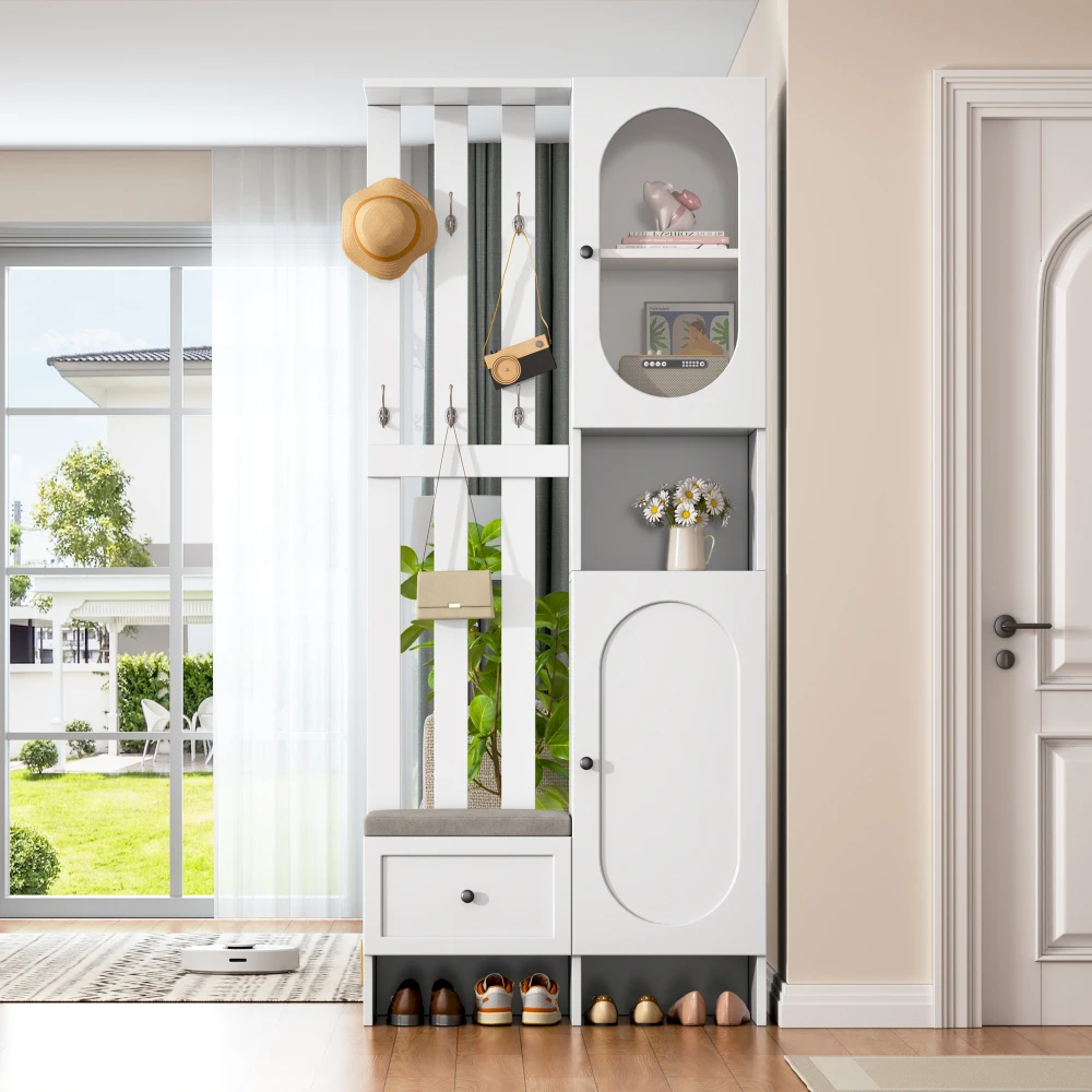 85 * 33,5 * 200 cm kompakter Kleiderschrank, Wohnmöbel-Aufbewahrungsschrank aus gehärtetem Glas, weißer Eingangsschrank, Kleiderschrankständer – Detail 6