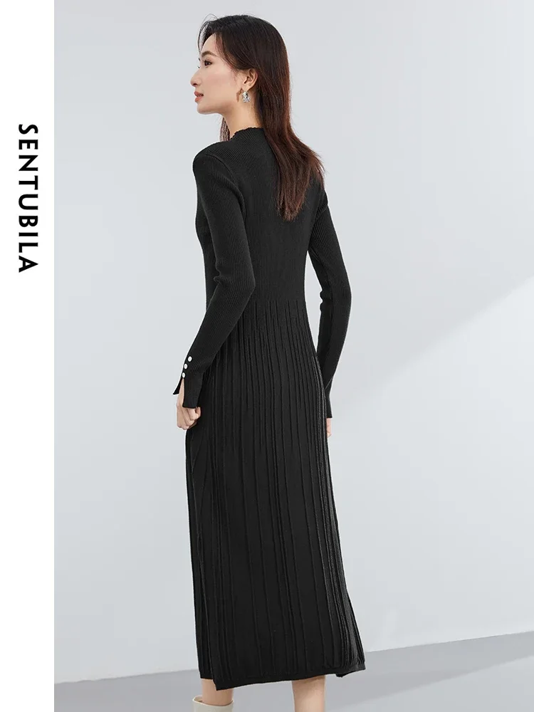 SENTUBILA Black Elegant Stand Collar Knit Pleated Dress 2024 Spring Fashion Woman Long Sleeve Midi Dresses Clothing W44L58523X