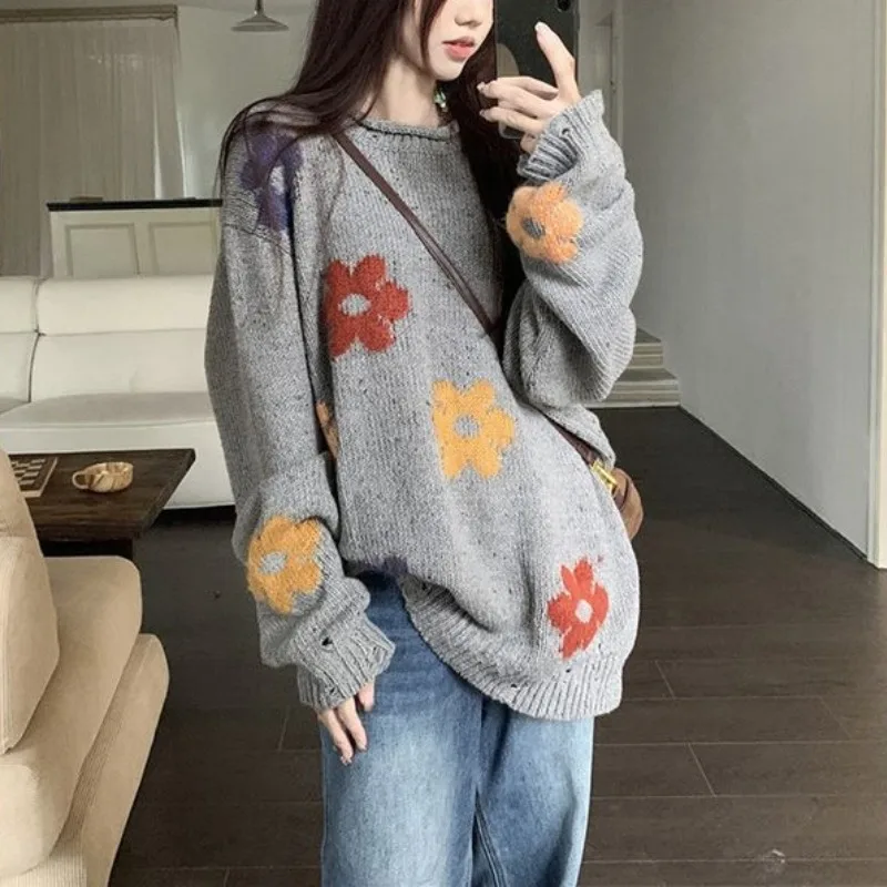 Women\'s Pullover Embroidery Printing Round Neck Solid Sweater Autumn and Winter Korean Young Style Long Sleeve Loose Knit Tops