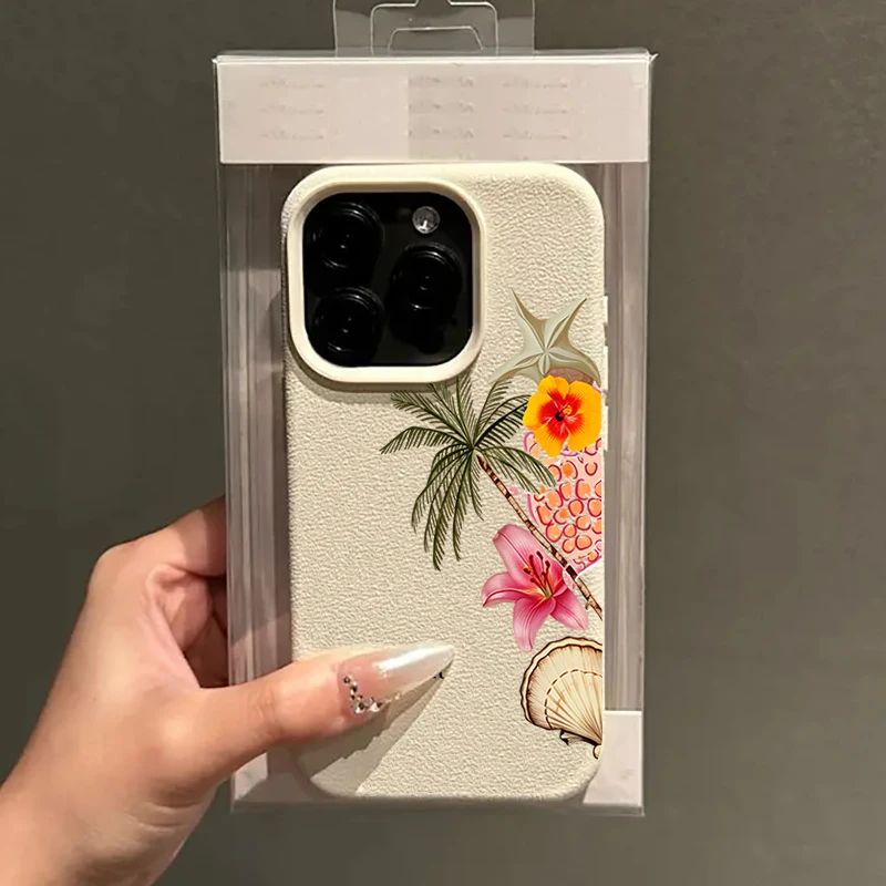 Summer Coconut Trees Lily Pattern Lychee Texture Silicone Phone Case For iPhone 11 12 13 14 15 16 17 Pro Max Plus Air Soft Cover