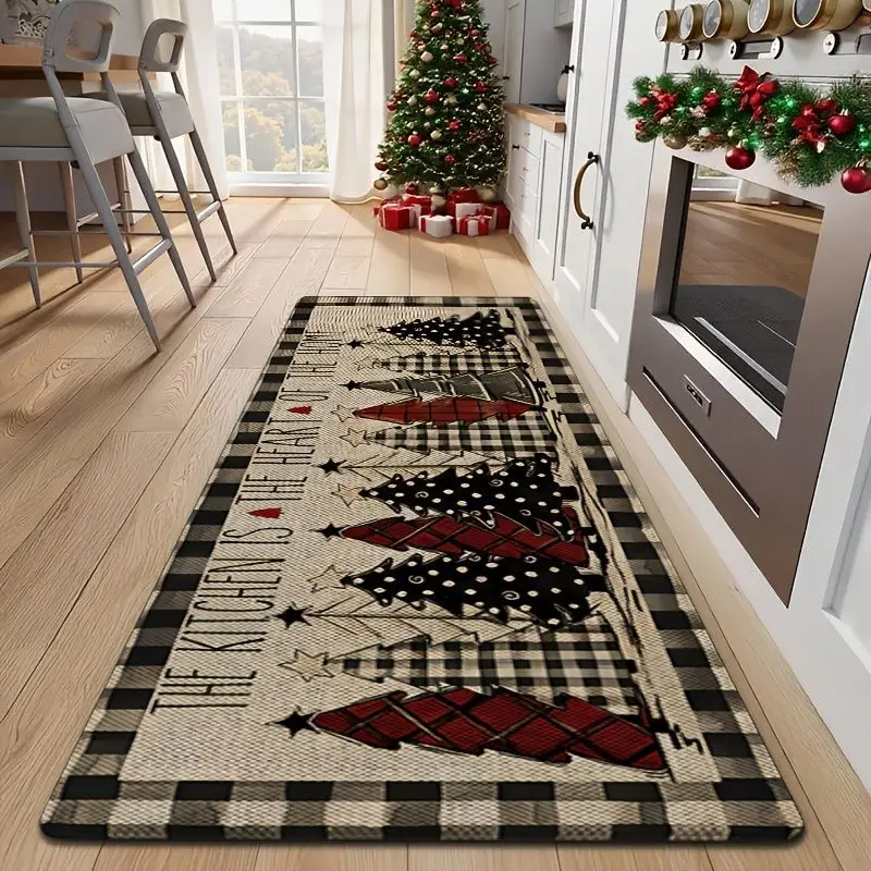 VIKAMA Buffalo Plaid Tree Letter Runner Mat Merry Christmas Happy New Year Non Slip Washable Rug Kitchen Hallway Festival Decor