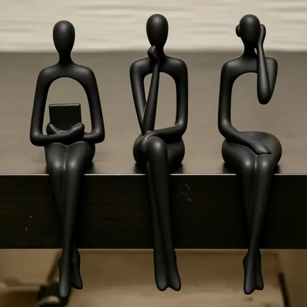 3PC 3D Printed Minimalist Abstract Sitting Human Sculpture Long Leg Thinking Figurine Edge Sitter Plastic Home Decoration Crafts