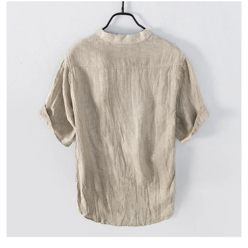 Raw Linen V-neck Slightly Wrinkled T-shirt, Original Ecology, Men's Retro 100% Linen Leisure Solid Color Short-Sleeved Top