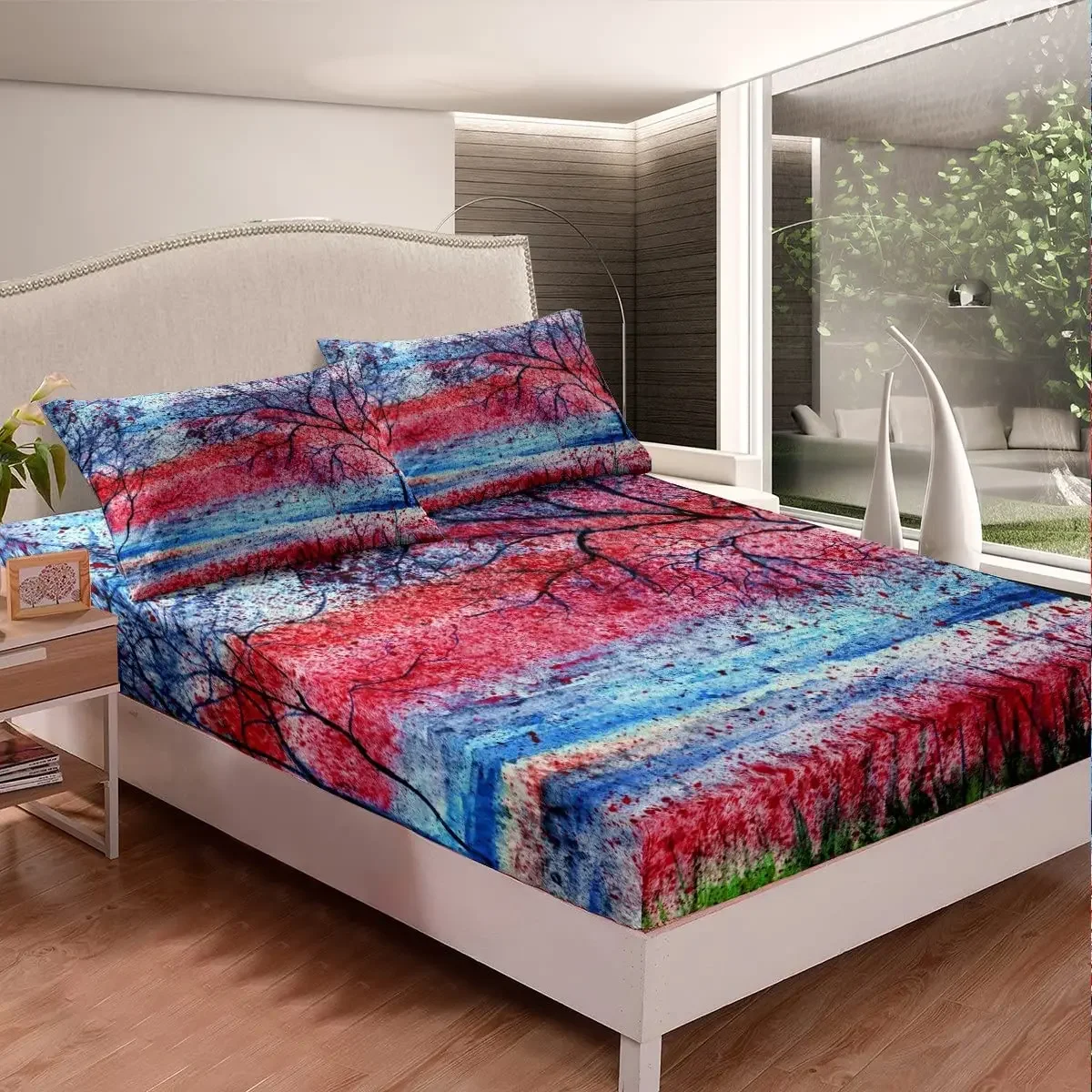 Oil Painting Fitted Sheet for Kids Boys Girls,Ink Art Tie Dye Bedding Sets Weed Trees Bedroom Decor Twin Size Colourful Design