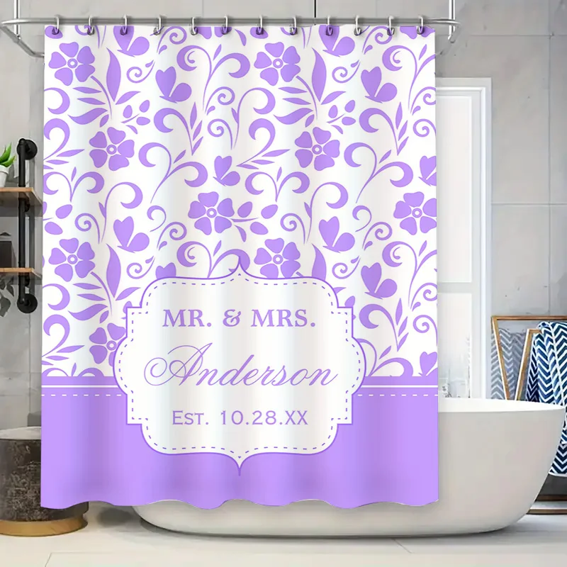 

Personalized Purple Floral Shower Curtain Set Romantic Mr Mrs Name Decor Est Date Customizable Bath Linen Home Decor Accessories