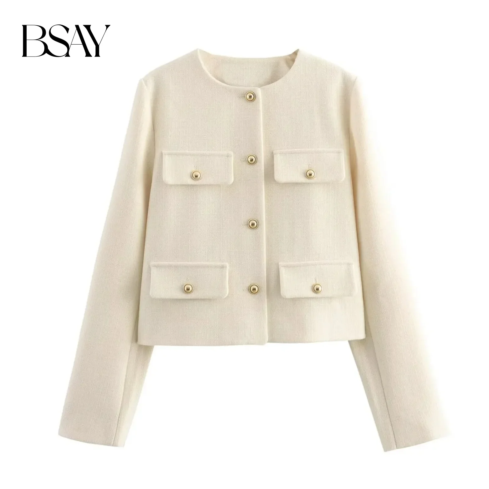 BSAY Women Fashion Autumn Winter Single-breasted Textured Round Neck Flip Pocket Short Jacket Coat Chic Ladies Tops Mujer