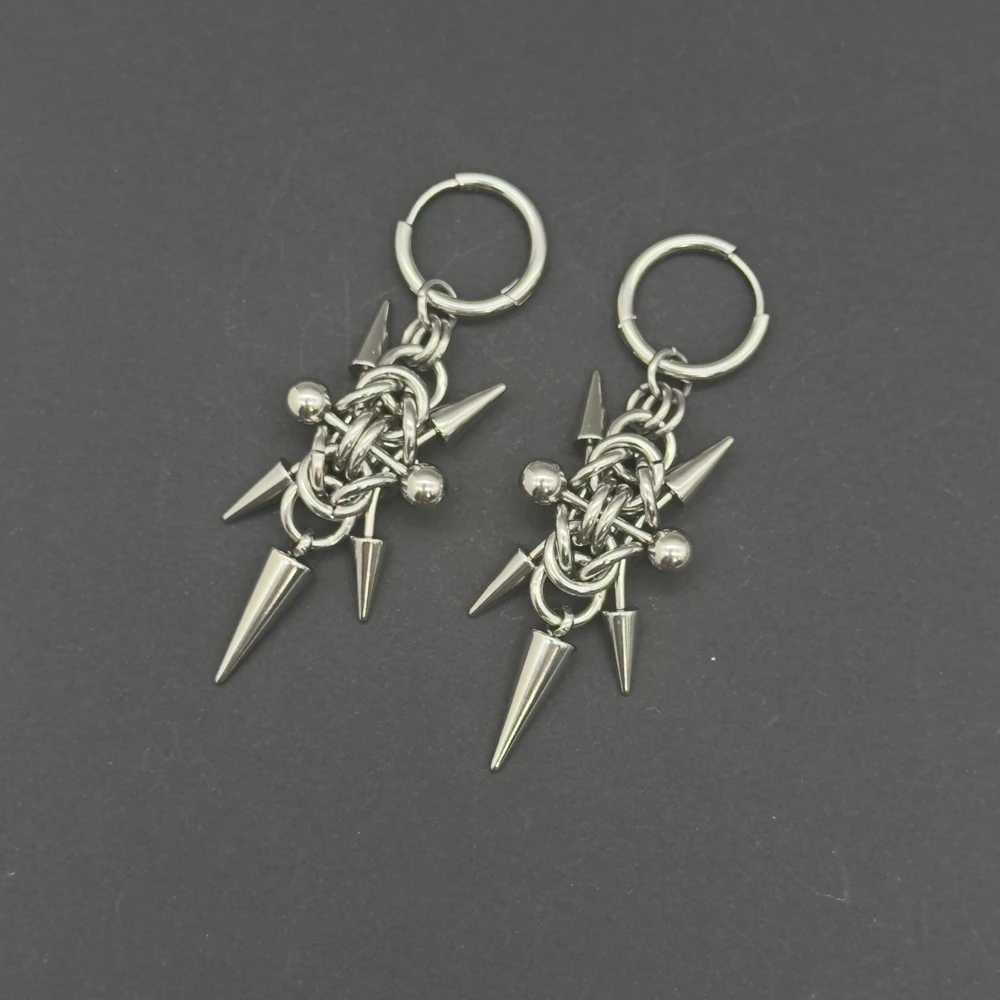 Gothic Stainless Steel Hoops Spike Piercing Long Dangle Earrings Handmade Punk y2k Chainmail Rivet Drop Earrings Rock Jewelry