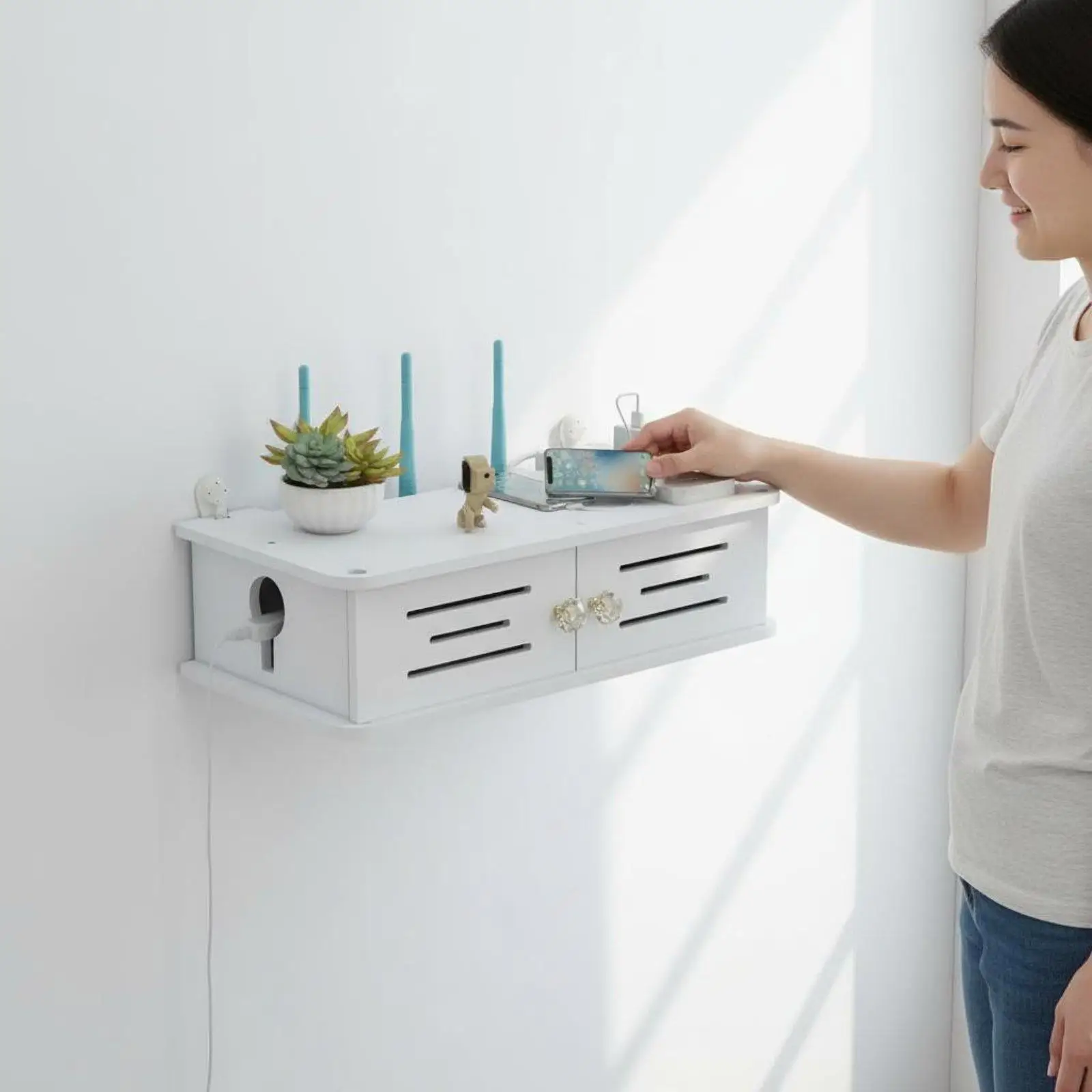 Space Saving Wall Shelf for Modem and Router Foamed PVC Organizer with Wire Cutouts No Tool Mount for TV Area