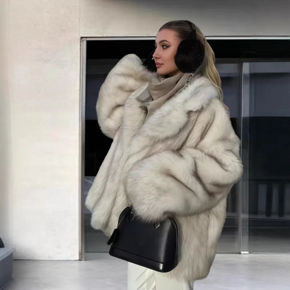 معطف فرو الثعلب ذو لون سادة ممتاز مترهل بأكمام طويلة لخريف وشتاء 2025 بياقة مقلوبة ملابس خارجية مقاومة للرياح للمكتب للسيدات #3