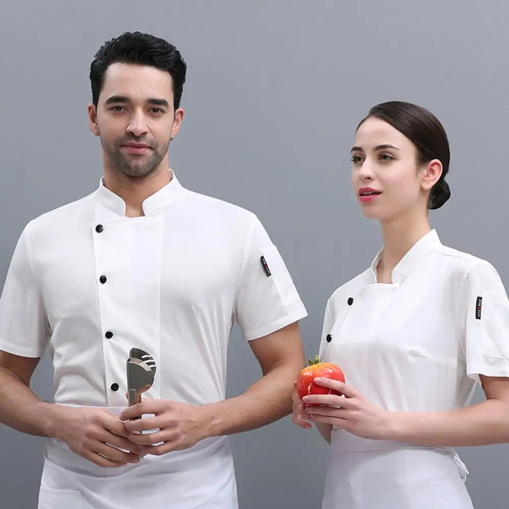 Short Sleeve Chef Shirt Stain-resistant Unisex Chef Shirt with Stand Collar for Kitchen Bakery Restaurant Short for Waiters