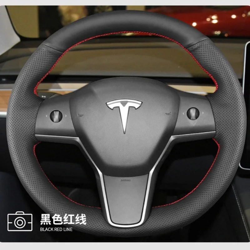 

For Tesla Steering Wheel Cover Genuine Leather Hand-sewn 2019-2022 Model 3 Model Y Custom Car Steering Wheel Braid Cover