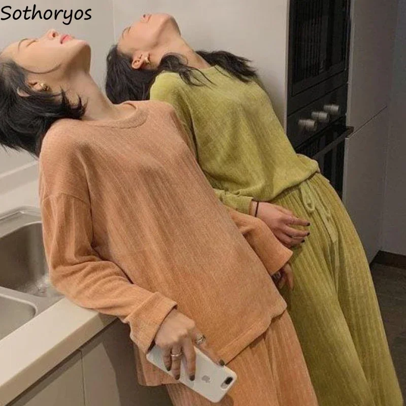 

Пижамные комплекты женские свободные простые теплые с круглым вырезом повседневная одежда для сна домашняя Ulzzang Temper Harajuku женские уютные мягкие гостиная классические повседневные