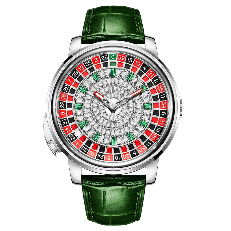هانبورو ساعة أوتوماتيكية للرجال 46 مللي متر ساعة يد ميكانيكية فاخرة قابلة للتدوير لعبة الروليت الهاتفي الياقوت مضيئة 118 قطعة كريستال
