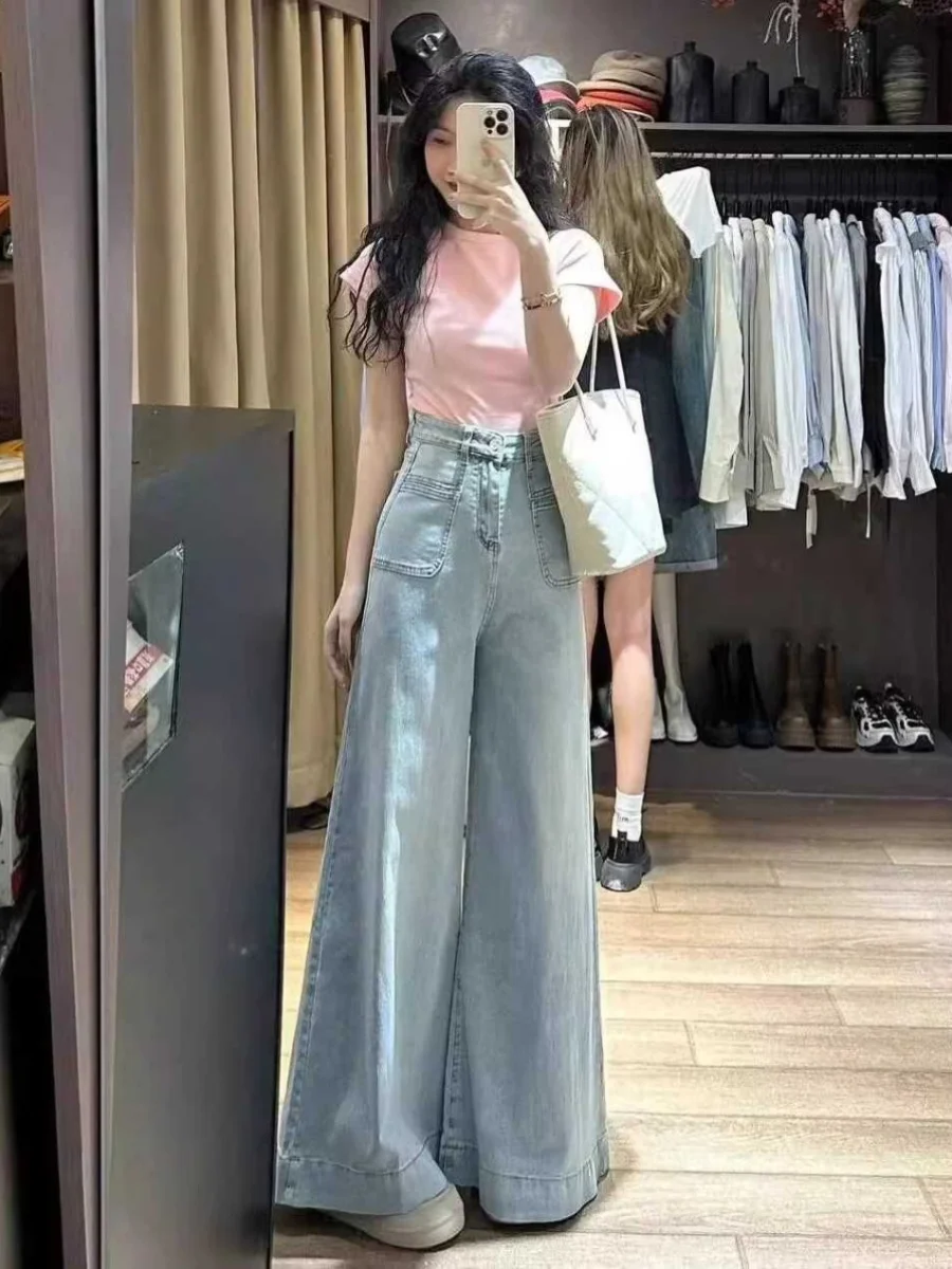 

Джинсы женские с высокой талией, широкие, прямого кроя, стройнящие, длинные, осенние, новые, в корейском стиле, универсальные, драпированные, синие джинсы из денима