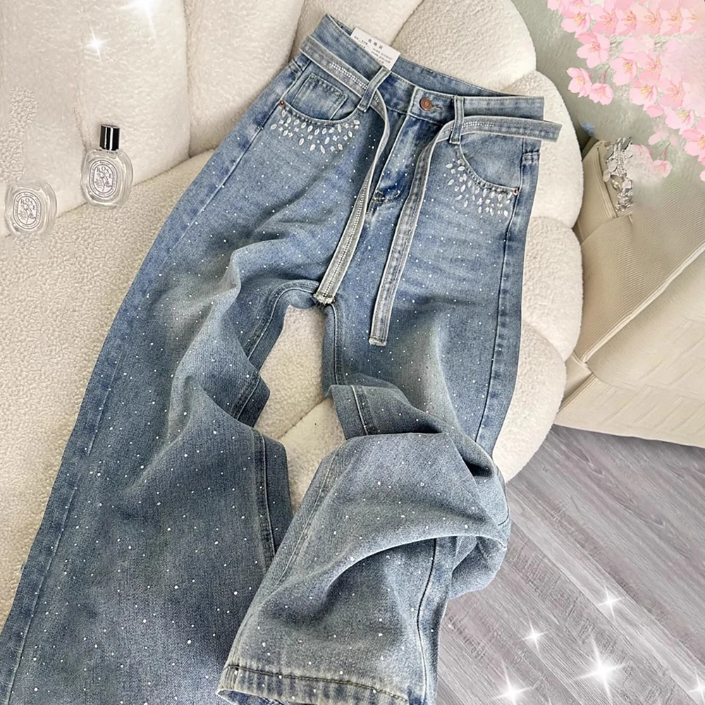 

Синие джинсы со звездами и бриллиантами, женские прямые свободные джинсовые брюки большого размера с высокой талией и поясом, весенне-осенние полные брюки