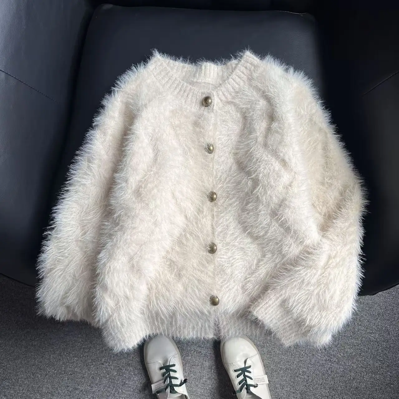 

Furry Sueter Mujer Sweet Cardigan Jackets For Women Pull Femme O-neck Mink Fur Knitted Sweater Tops 2024 Autumn Winter Clothing