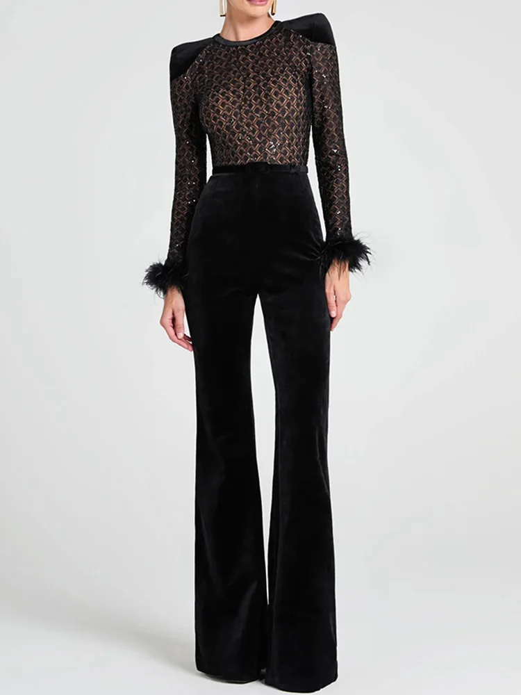 Long Sleeve Flare Pants Simple Jumpsuits, Women Autumn Hollow Out Fashion Playsuits, Sashes Patchwork Elegant Ladies Bodysuits