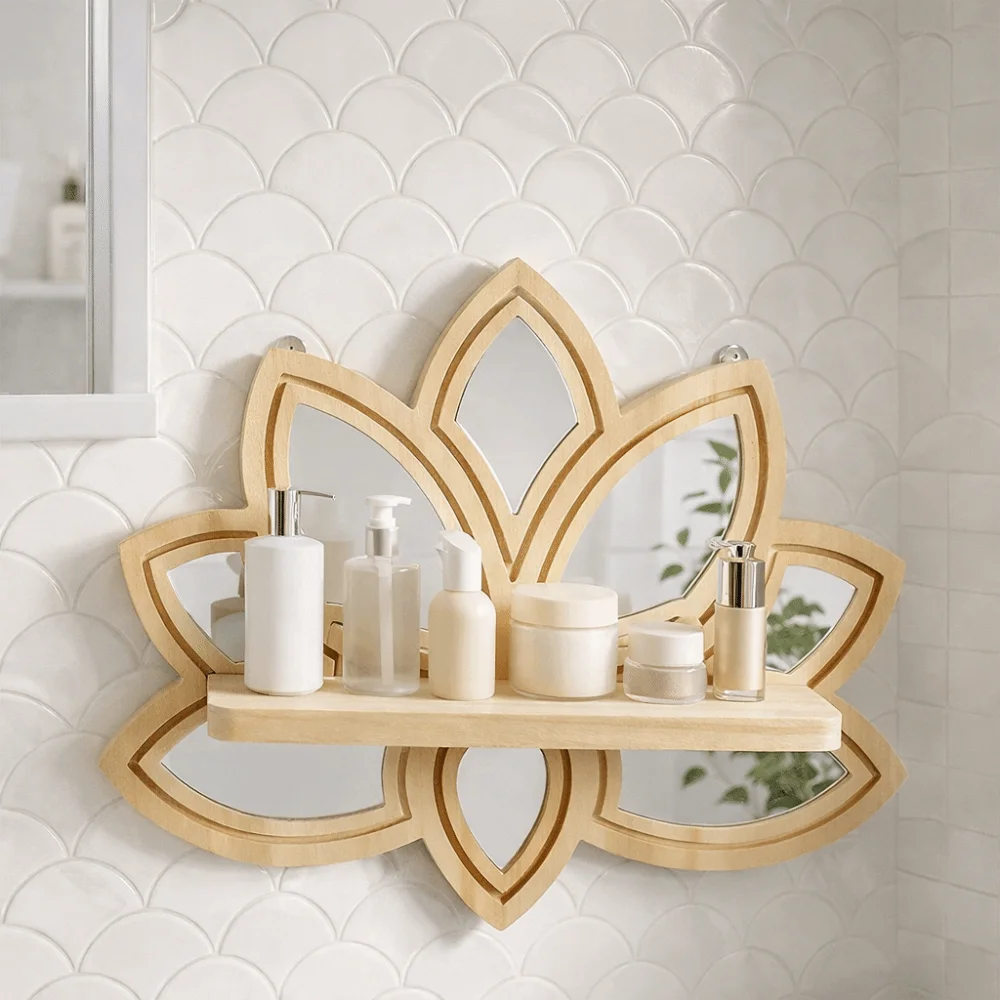 Modern Wooden Lotus Floating Shelf with Mirror Detachable Display Wall Shelf Decorative Wall Hanging Shelf Home Decoration
