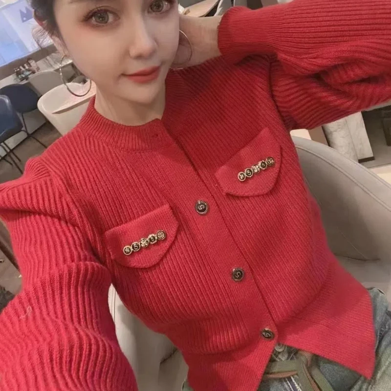 Designed Right-angle Shoulder Sweater Cardigan Autumn and Winter Gentle Style Niche Outer Wear Sweater Jacket Loose Short Top