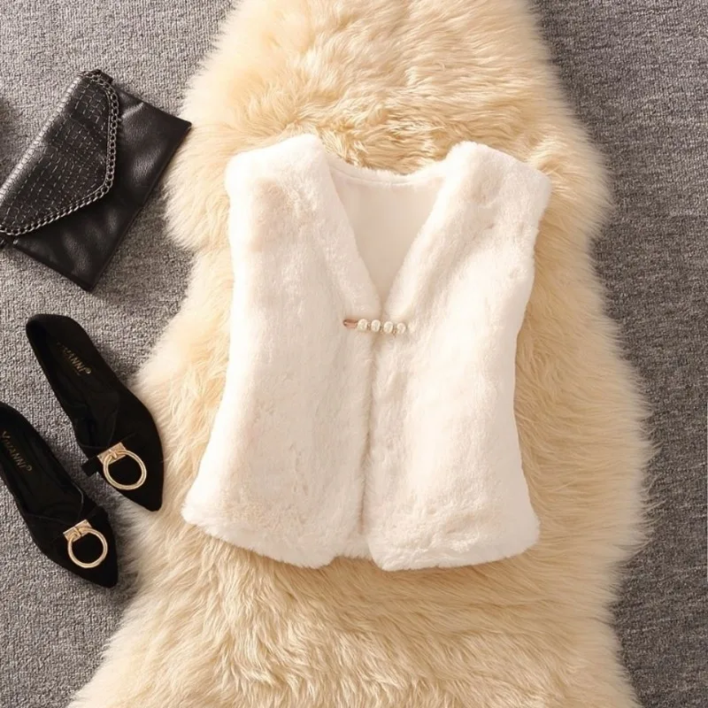 Autumn Winter New Women Short Imitated Mink Fur Vest Female Fashion V-neck Slim Short Waistcoat All-Match Solid Color outwear