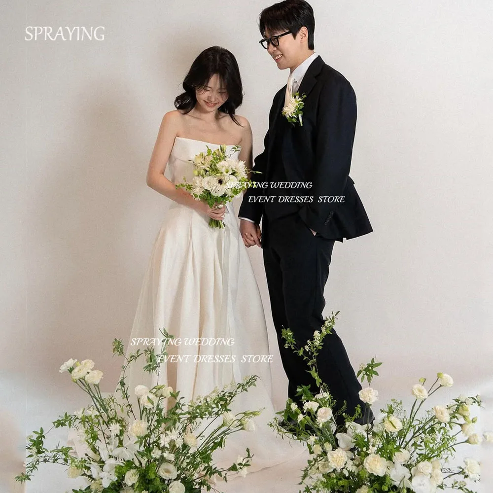 

SPRAYING Strapless Satin Wedding Dress Korea Photo Shoot A line Corset Simple Bridal Gown Long Engagement Party Customized 웨딩드레스
