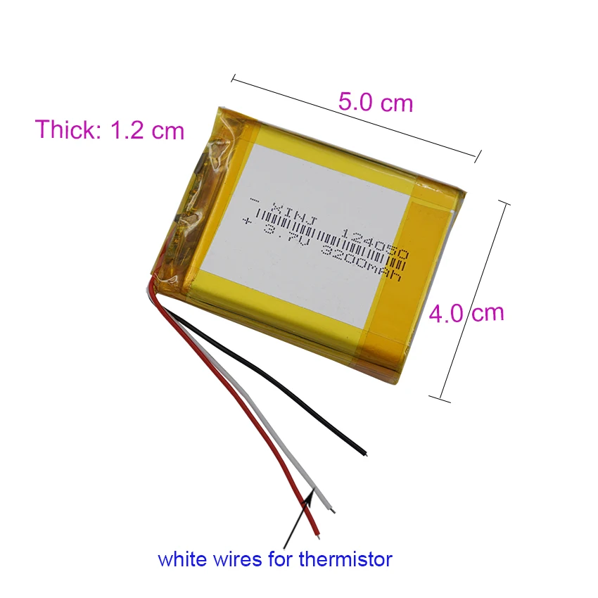 3.7v 3200 mah recarregável polímero li lipo bateria de lítio 124050 termistor 3 fio para gps power bank e-book almofada dvd tablet pc